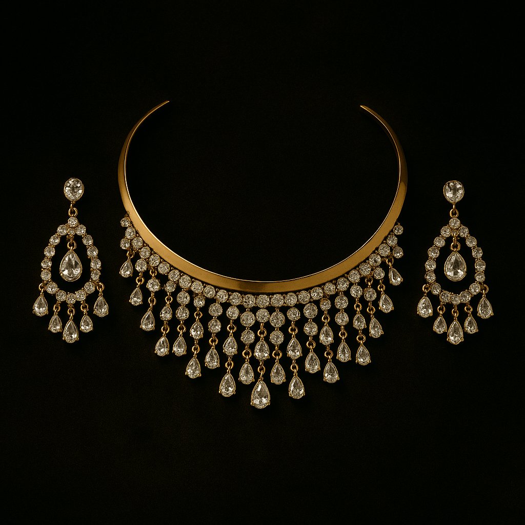 Elegant gold and diamond necklace with matching chandelier earrings jewelry set on black background