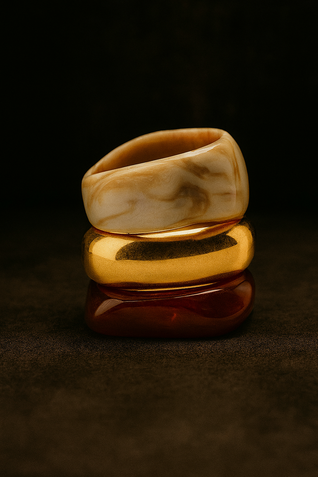 Stack of three wood and resin bangles in beige, gold, and brown tones on dark background
