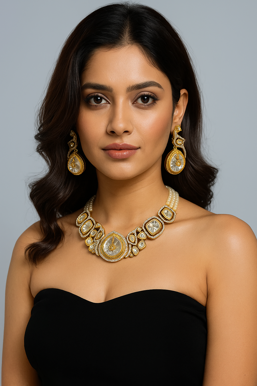 Elegant woman wearing handcrafted kundan necklaces and matching earrings with gold-tone finish