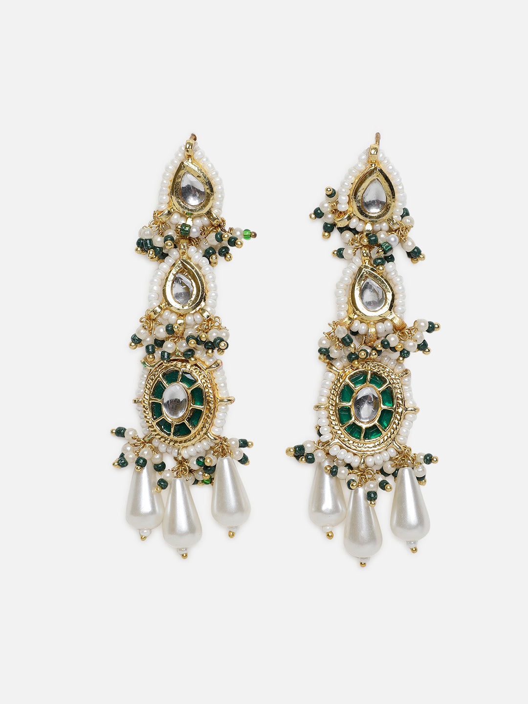 AIVY LUXE handcrafted drop earrings with green and clear stones and pearl dangles