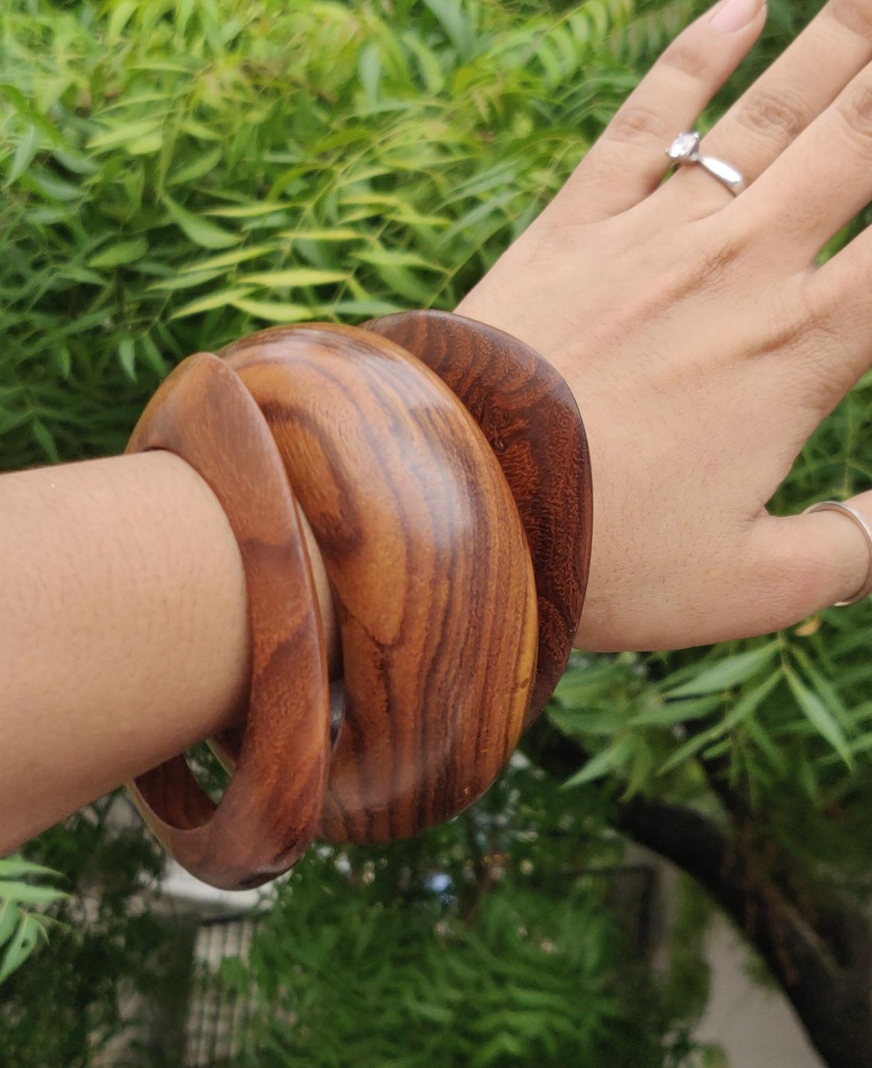 Handcrafted Wooden Bangles – Rustic & Elegant Statement Pieces (Set of 3)