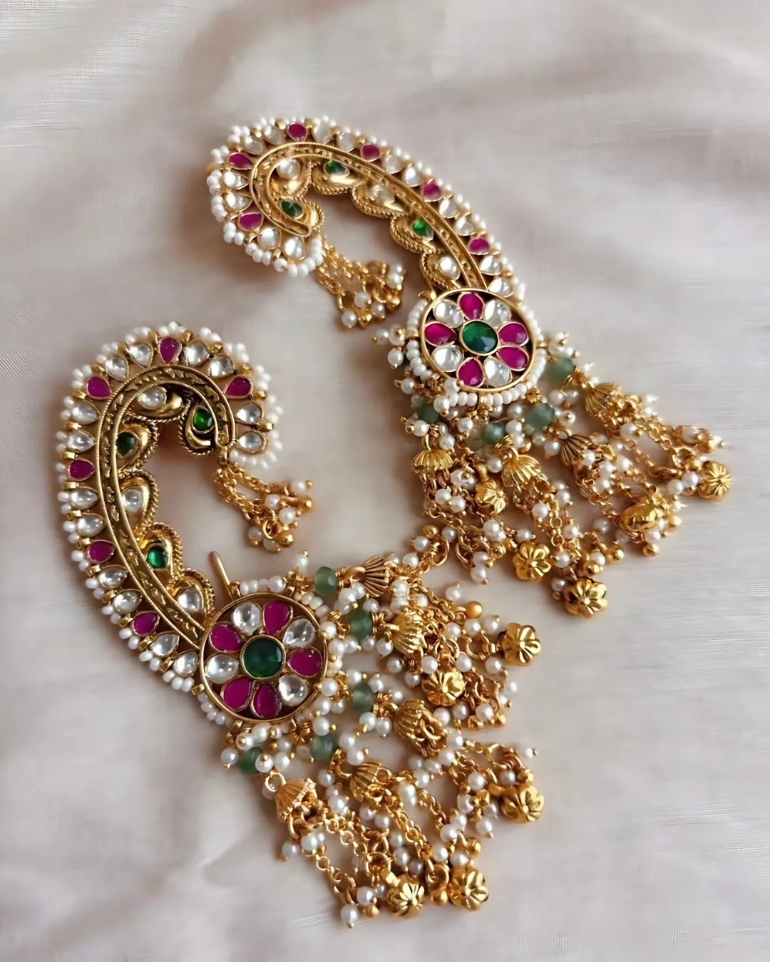 Regal Kundan Chandbali Earrings with Pearl & Gemstone Detailing