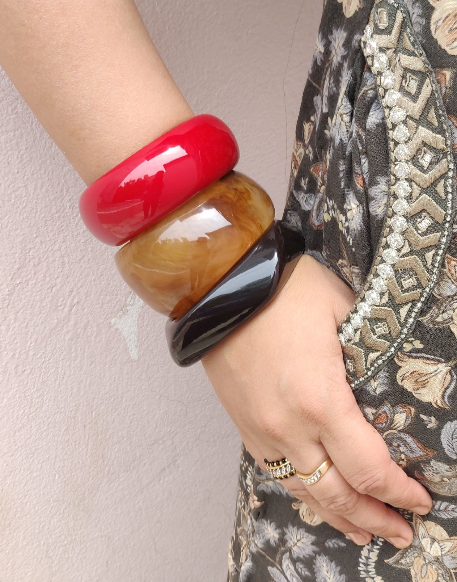 Bold & Glossy Resin Bangles – Striking Red, Amber & Black (Set of 3)