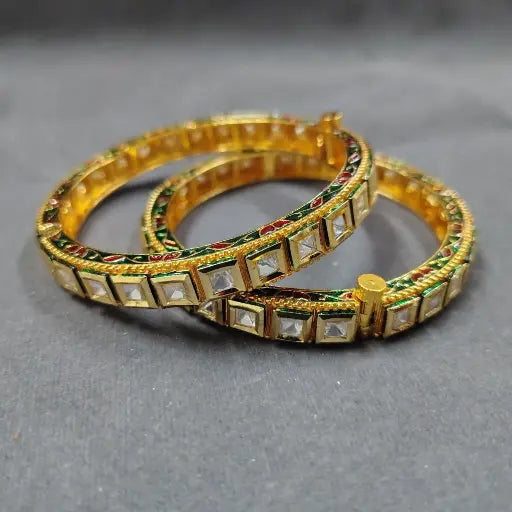 Square-Cut Meena Bangles with Green Highlights