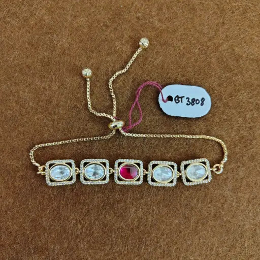 Rectangle ruby kundan bracelet with ivory white gems, bold traditional jewelry for events