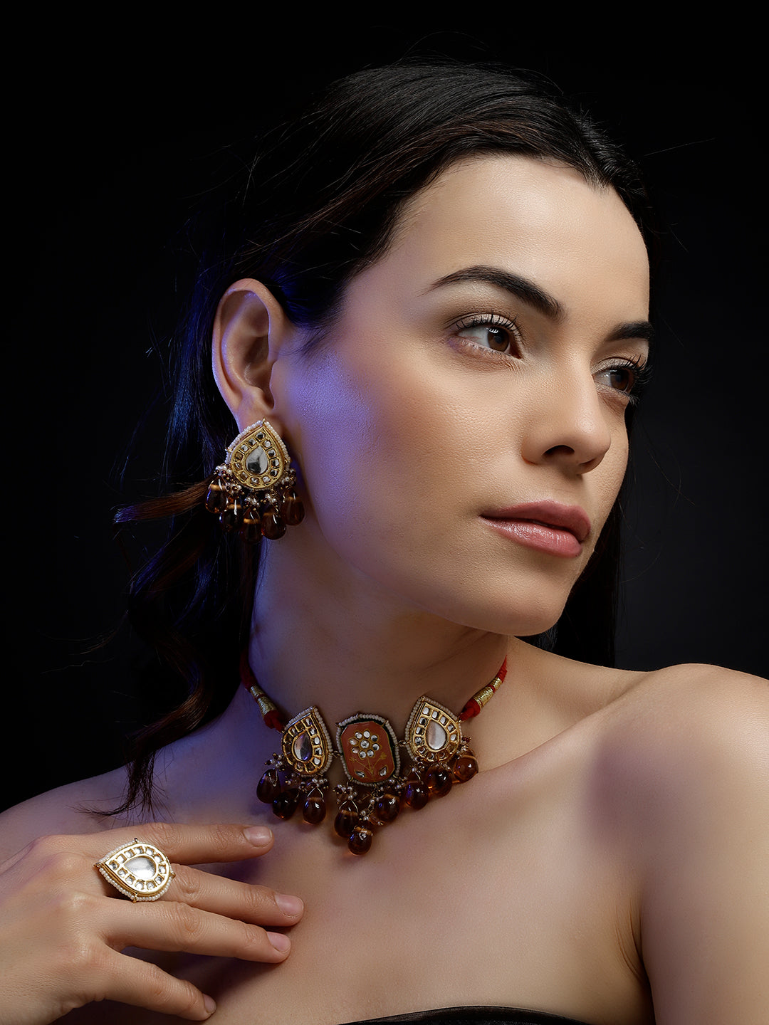 AIVY LUXE traditional Indian choker necklace worn by a woman with matching earrings and ring