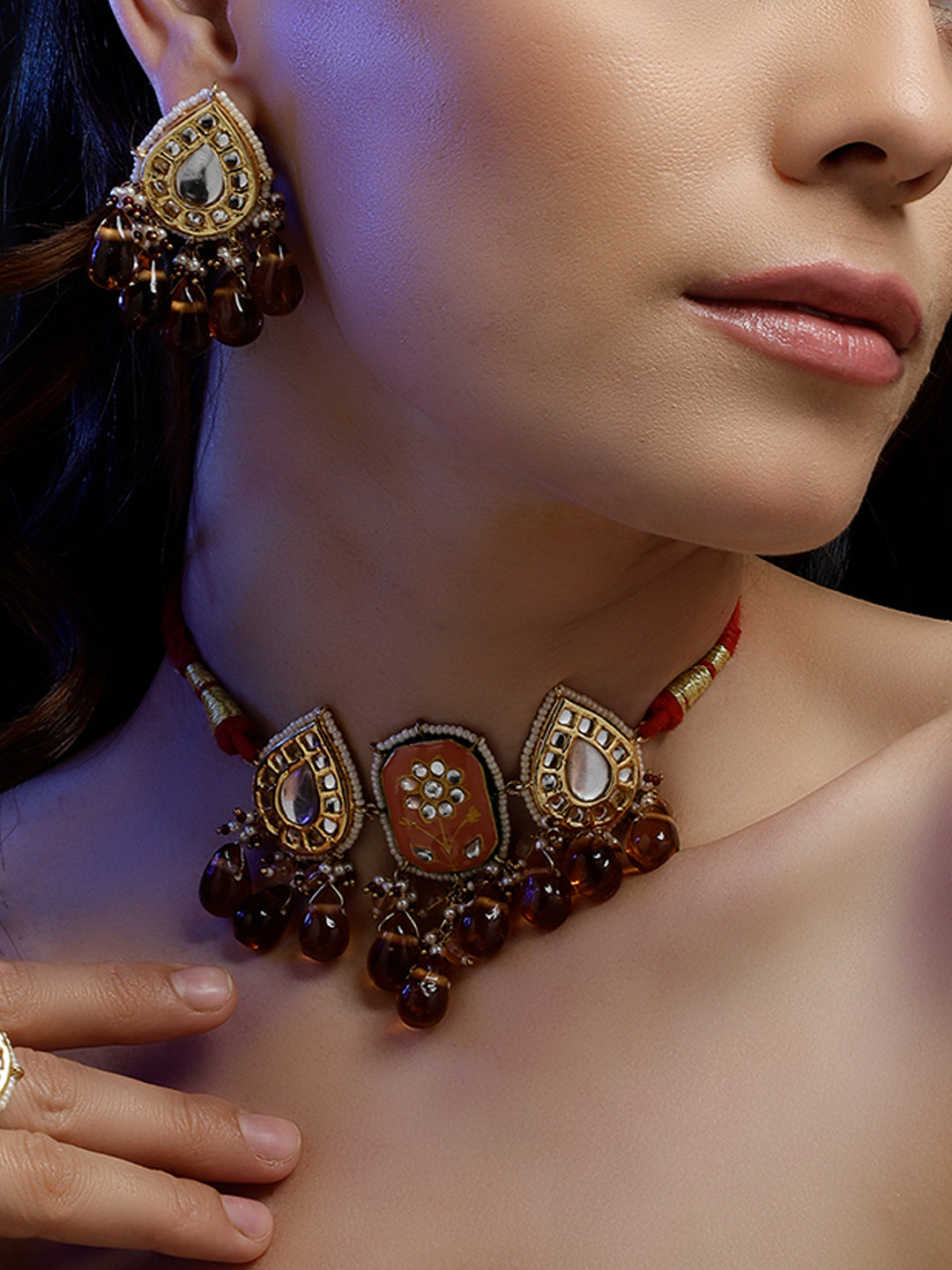 AIVY LUXE traditional Indian choker necklace with intricate design and matching earrings on model