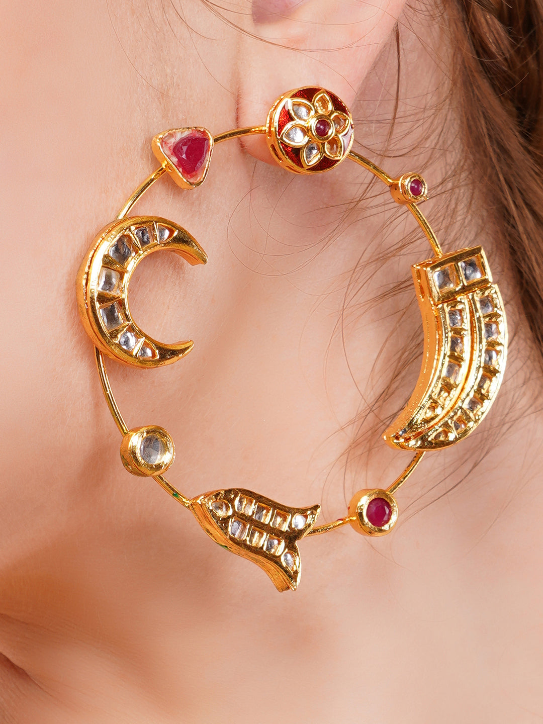 AIVY LUXE Chand Bala multicolour earrings featuring gold tones with red and clear gemstone accents