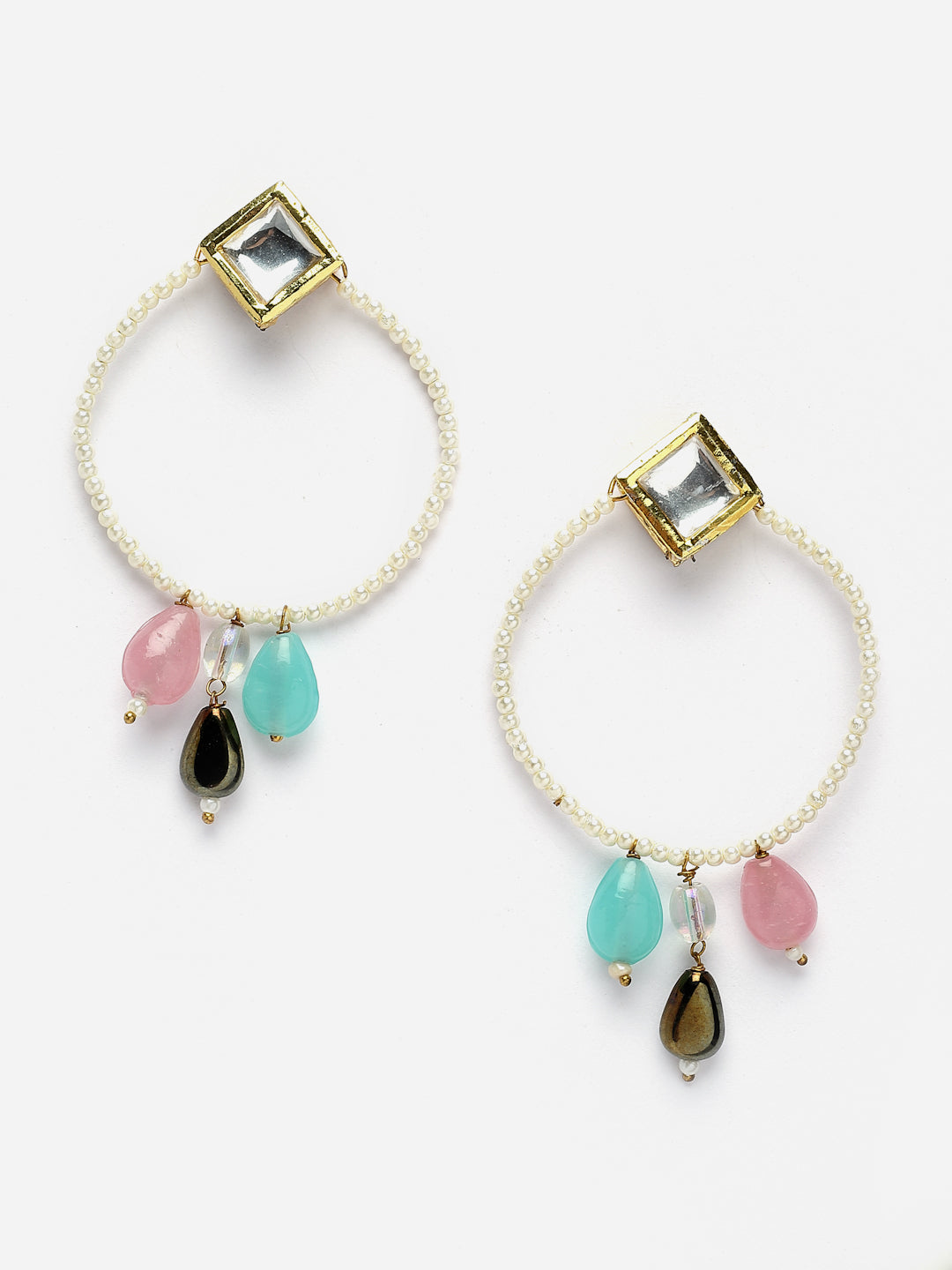 AIVY LUXE designer crescent moon earrings with gold accents and colorful pink, blue, and black teardrop charms