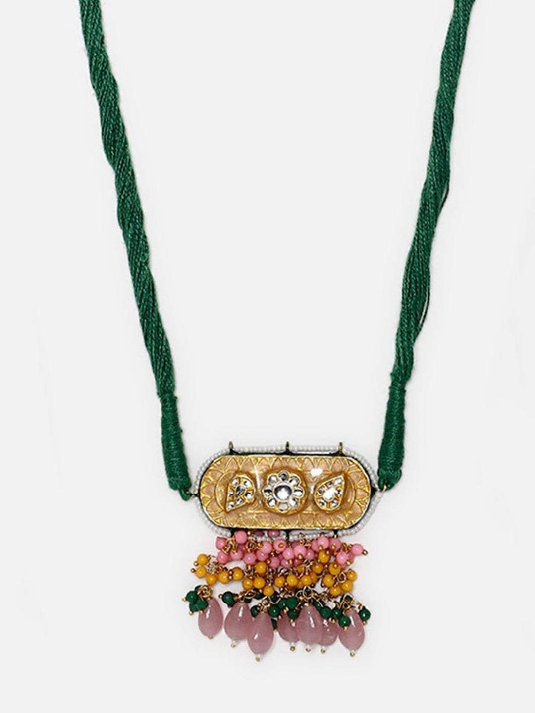 AIVY LUXE designer gemstone choker for women with green braided cord and ornate pendant featuring pink and green gemstones