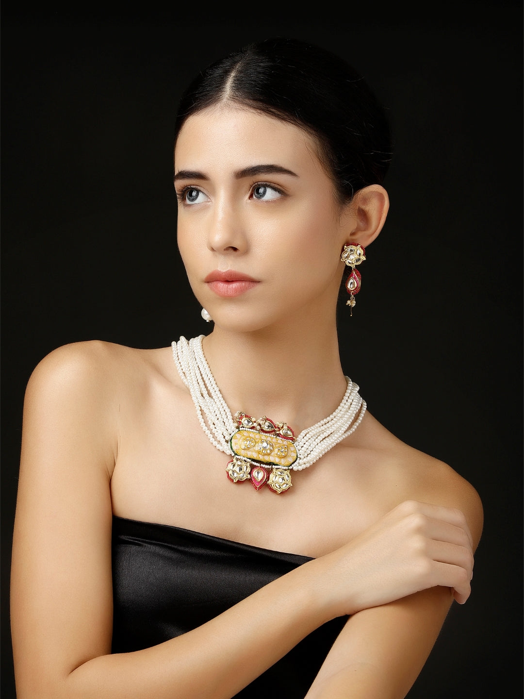 AIVY LUXE designer Indian fusion necklace with intricate gold and pearl detailing worn by a model