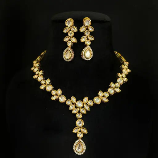 AIVY LUXE designer Kundan bridal necklace set with matching earrings in gold and white stone design