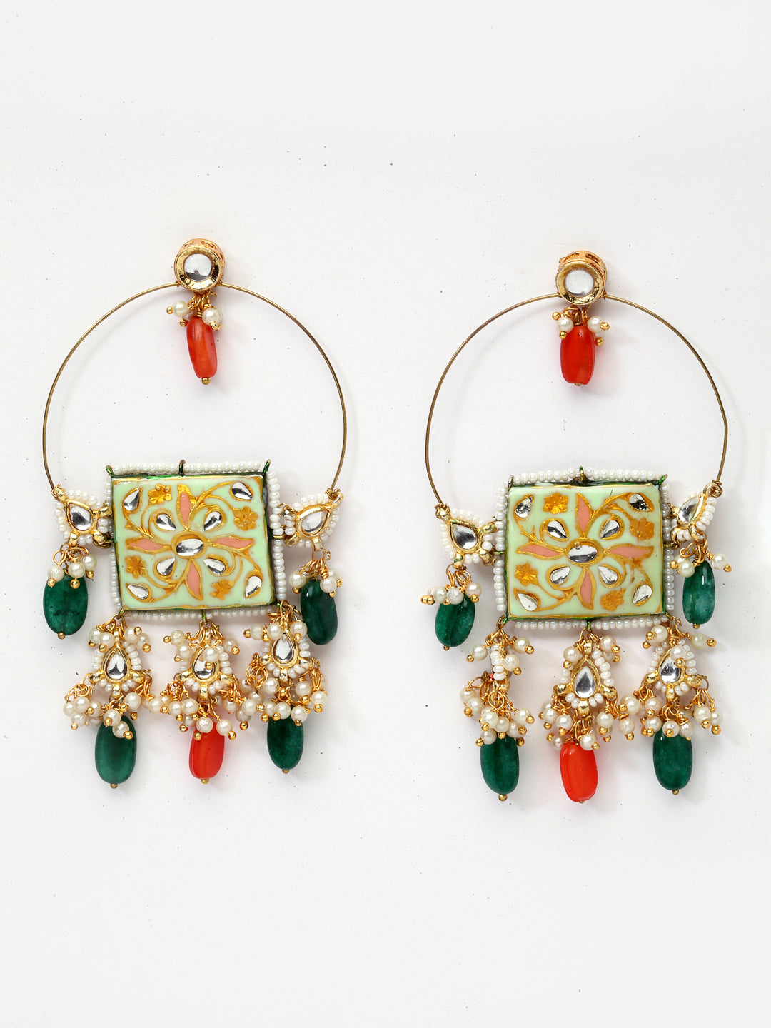 AIVY LUXE pistachio chand bala earrings with green and orange beads and intricate stone detailing