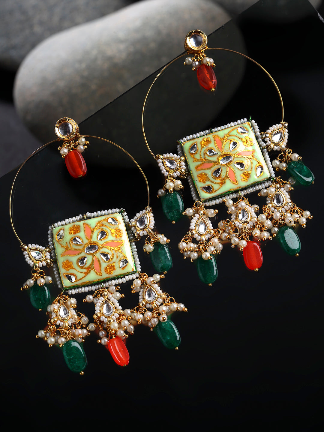 AIVY LUXE pistachio chand bala earrings featuring green and red beads with intricate gold and pearl detailing