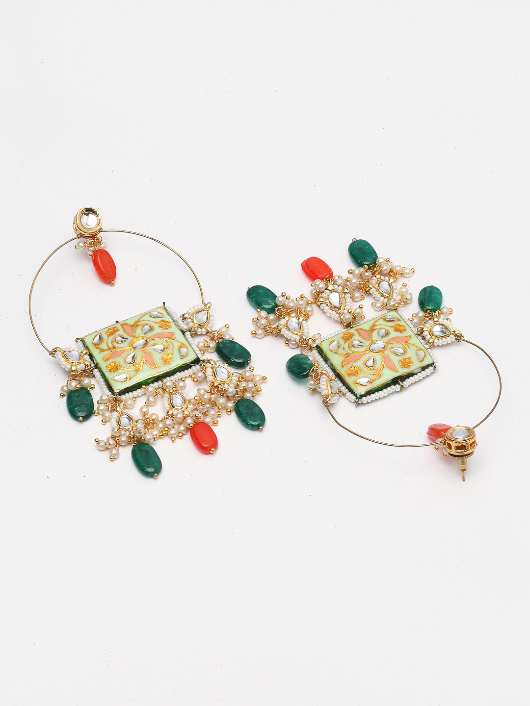 AIVY LUXE pistachio chand bala earrings with intricate green and orange design and pearl embellishments