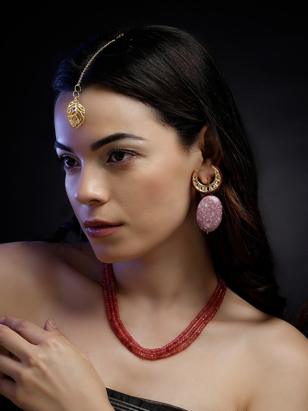 Elegant multi strand necklace for women by AIVY LUXE worn with gold earrings and a leaf headpiece