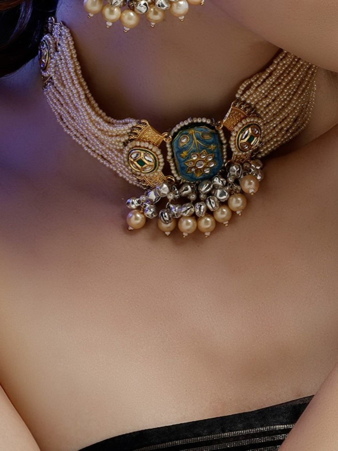 AIVY LUXE firoza choker necklace featuring pearls and gold detailing with intricate blue centerpiece