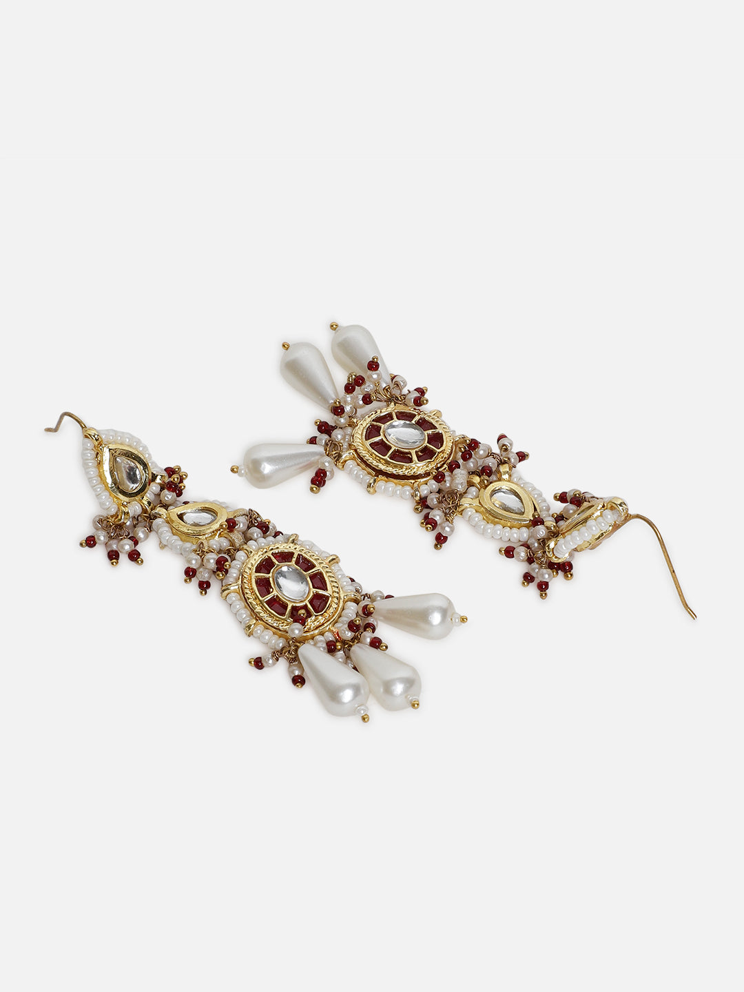 AIVY LUXE fusion jewelry earrings with intricate gold design, pearl drops, and red bead accents