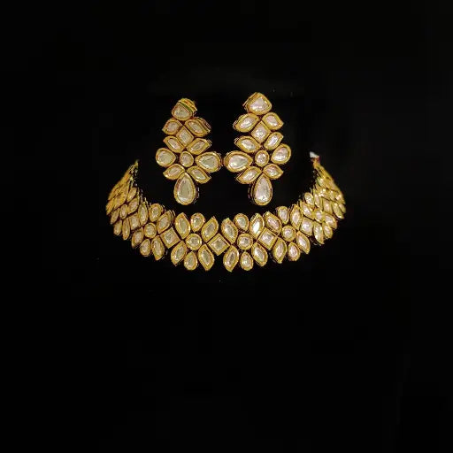 AIVY LUXE gold kundan necklace set with matching earrings featuring intricate teardrop and floral designs