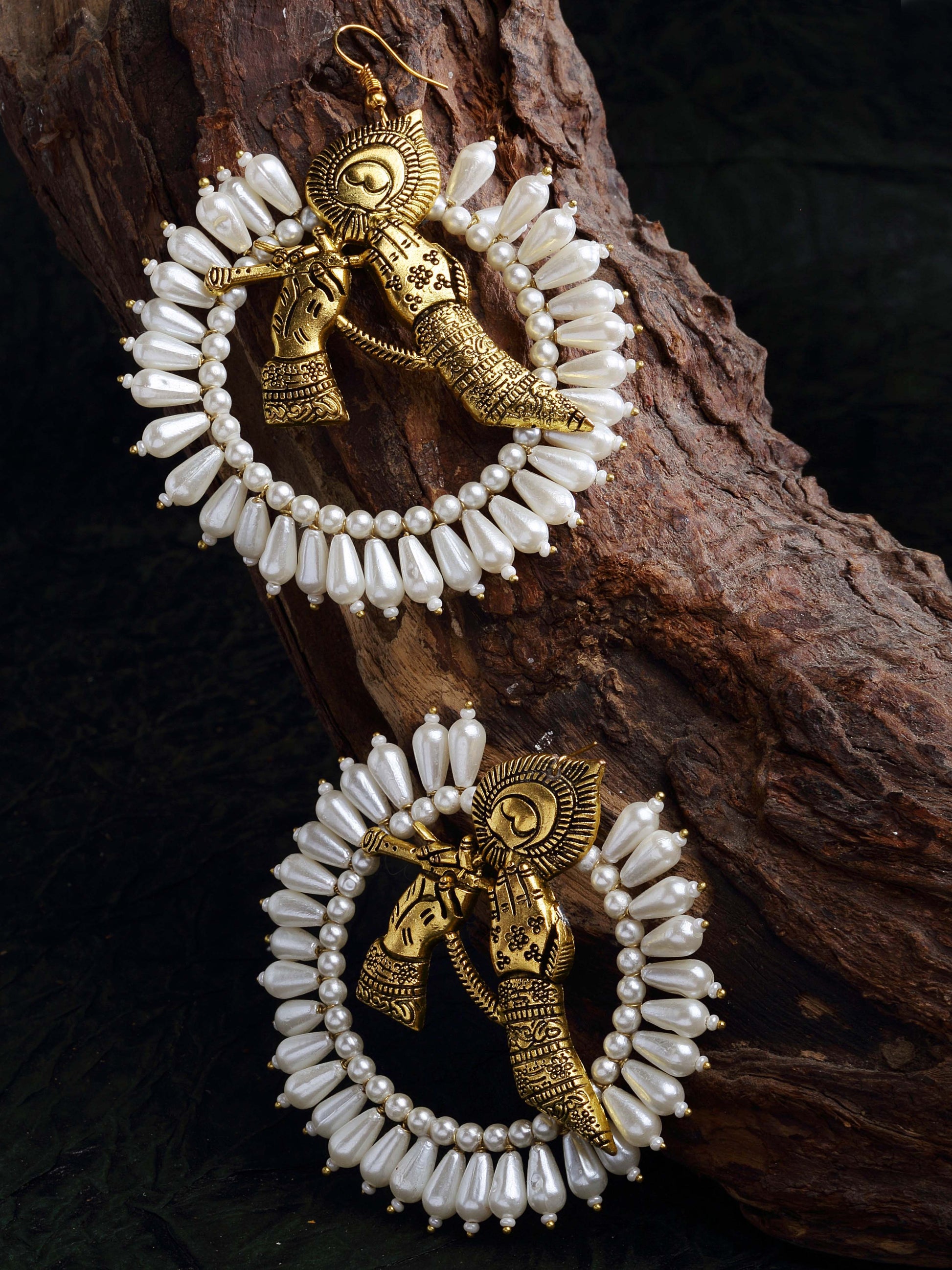 AIVY LUXE gold moon hoop earrings with intricate deity design and white pearl accents