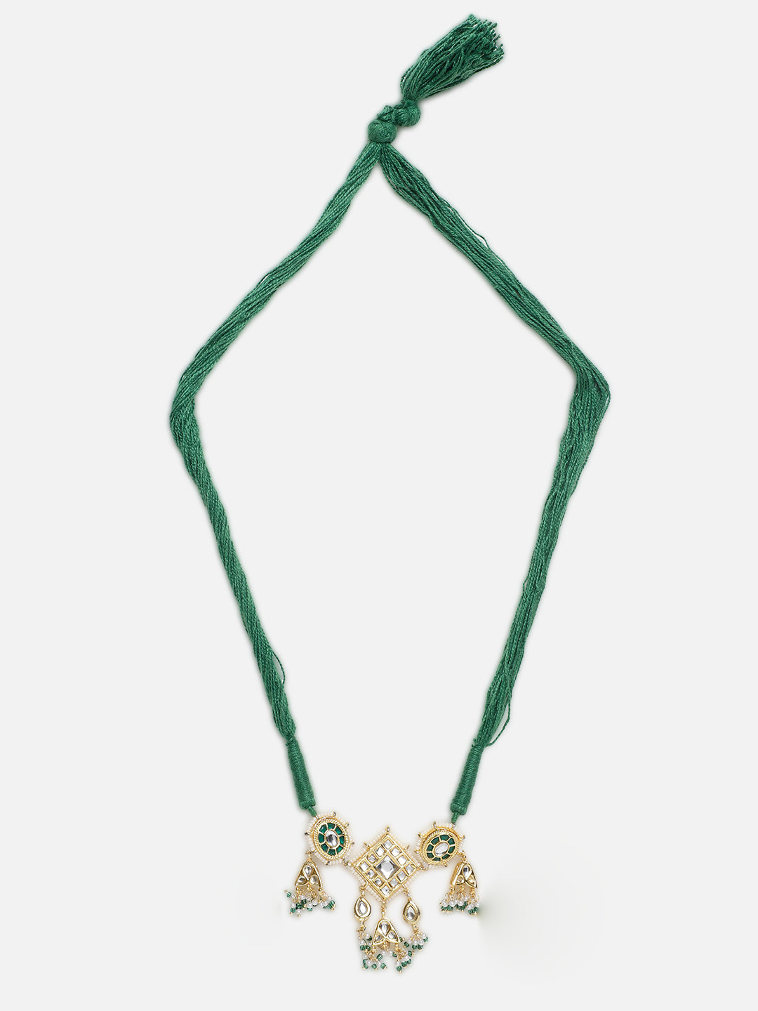 AIVY LUXE green kundan choker necklace with intricate gold and green stone pendant and green thread tassel