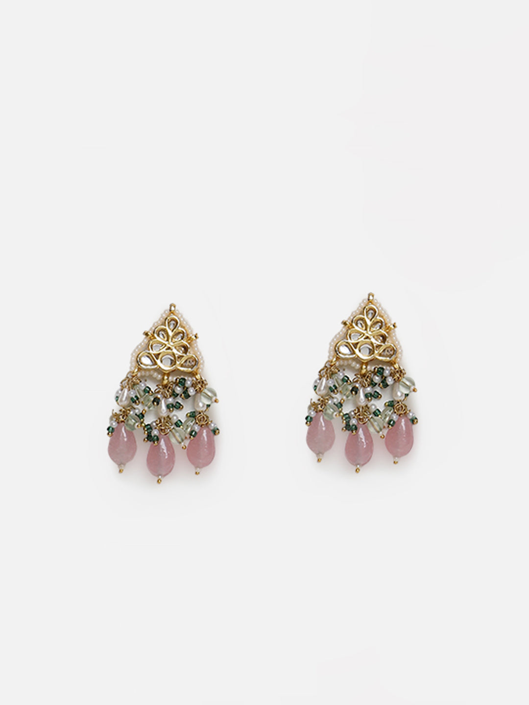AIVY LUXE Gulshan Sitara statement earrings featuring gold-tone floral design with dangling pink and green beads