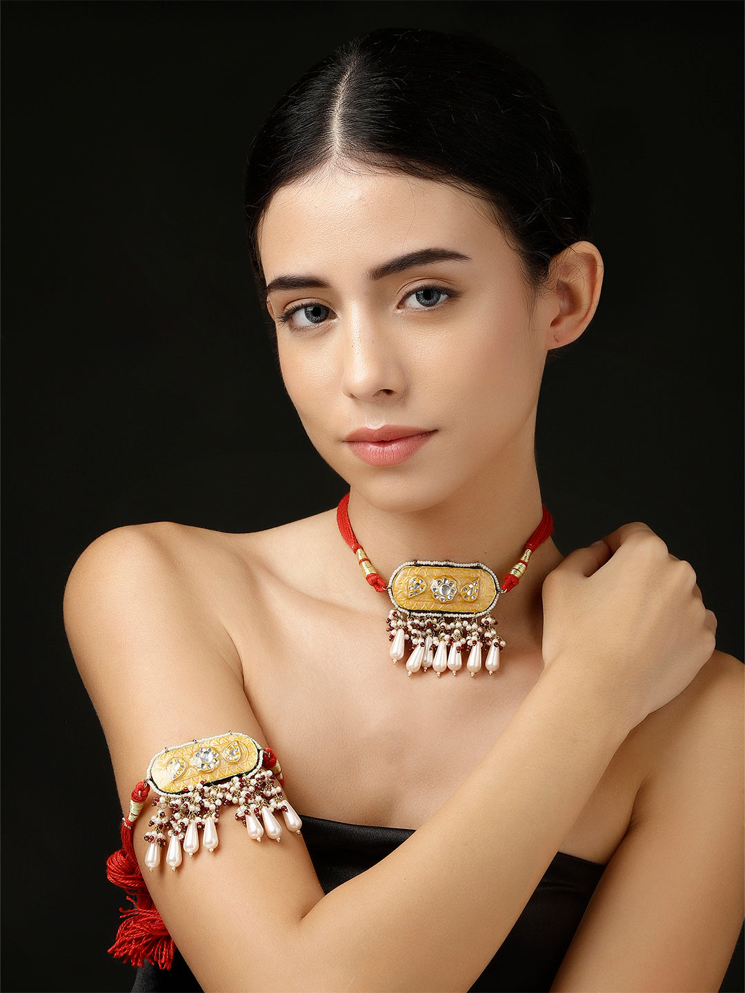 AIVY LUXE handcrafted fusion choker necklace with gold and pearl accents worn by model