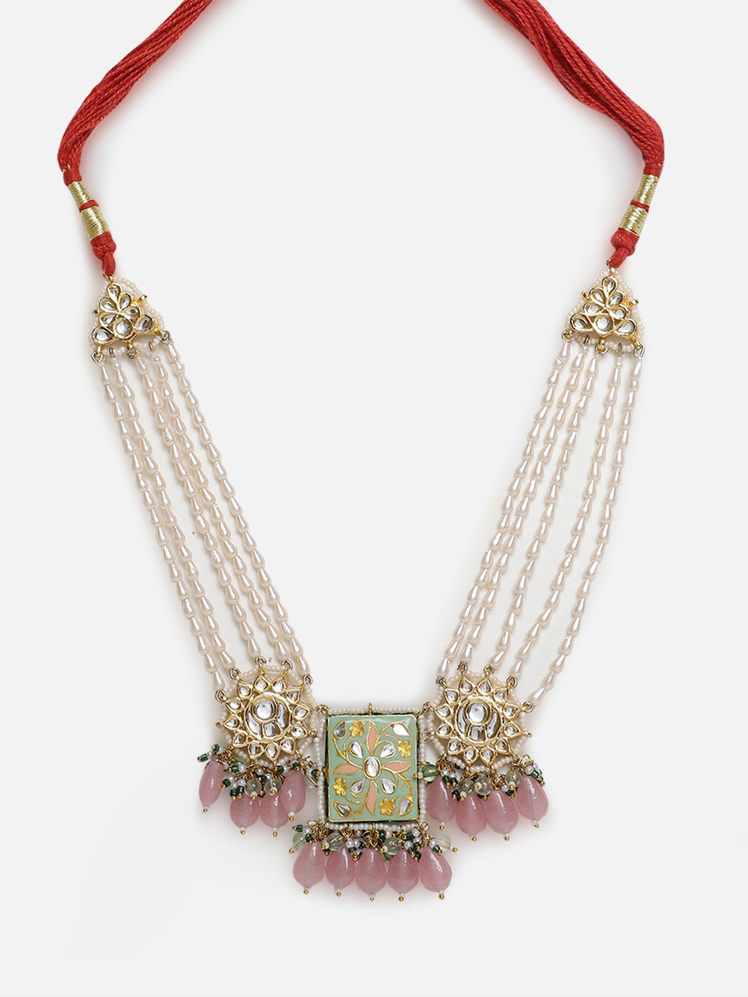 AIVY LUXE handcrafted sahrai noor necklace with red thread and intricate gold and pink bead detailing