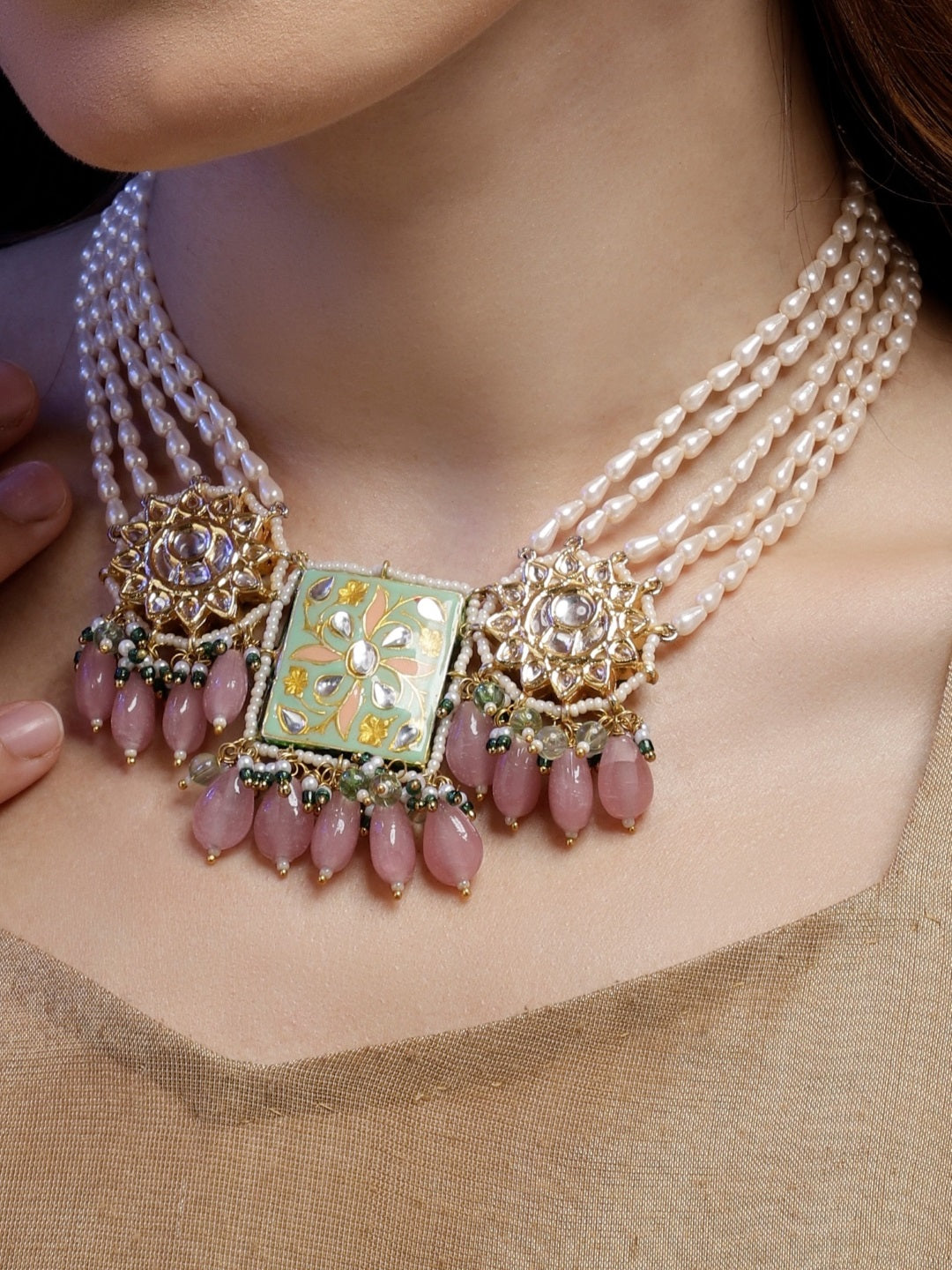Handcrafted sahrai noor necklace by AIVY LUXE featuring pearl strands and intricate gemstone detailing