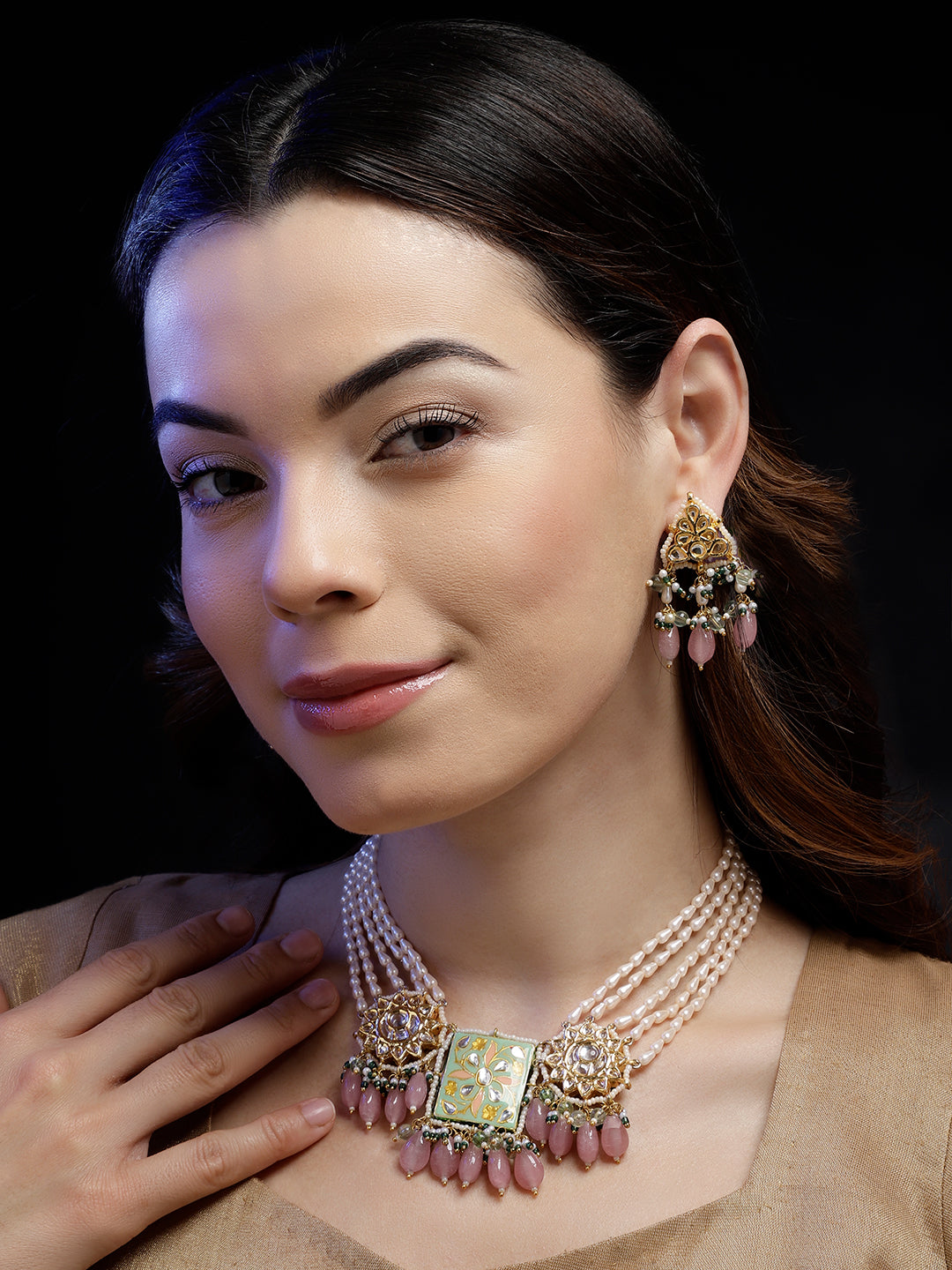 AIVY LUXE handcrafted sahrai noor necklace with multiple strands and decorative pendants worn by woman