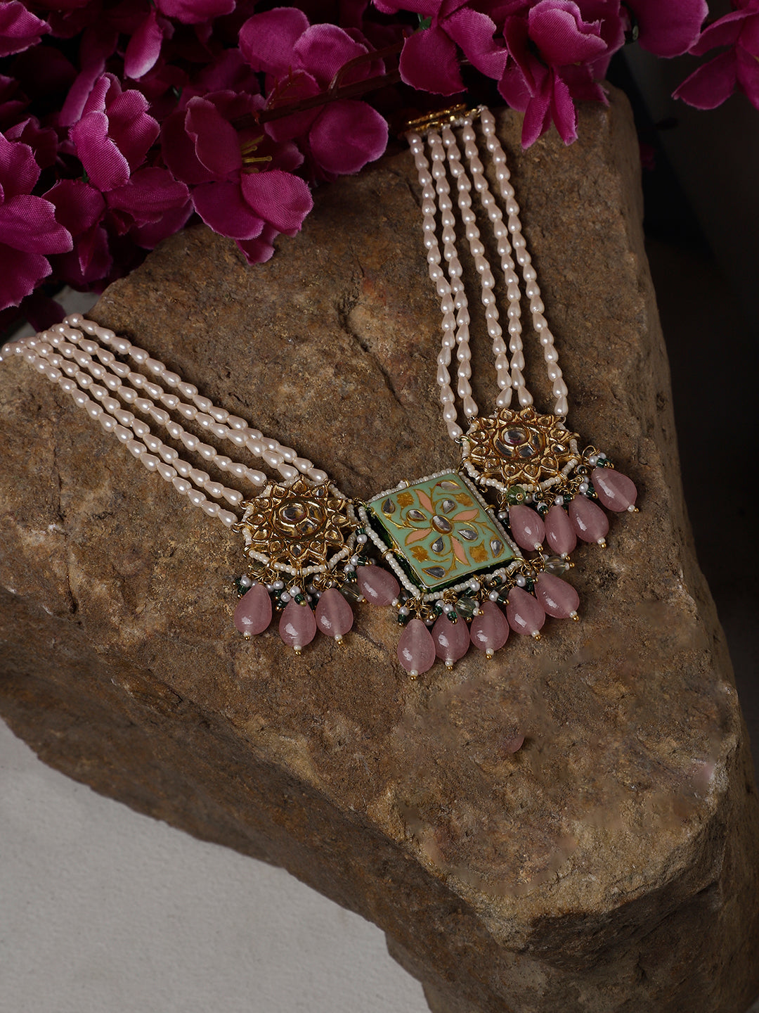 Handcrafted Sahrai Noor Necklace by AIVY LUXE featuring pearl strands and decorative pendant with pink and green accents