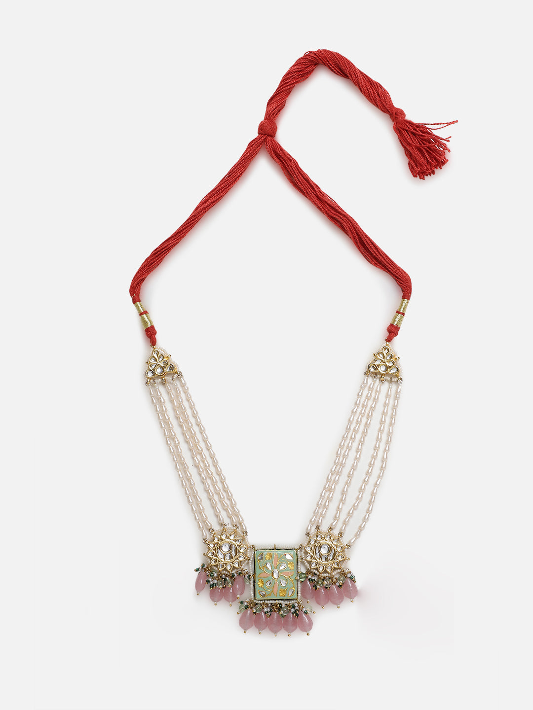 Handcrafted sahrai noor necklace with red twisted cord and intricate gold and pink beaded design