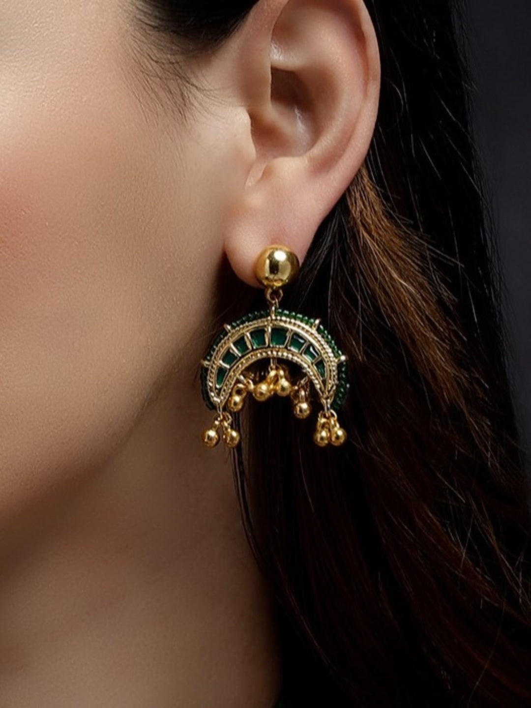 AIVY LUXE handcrafted statement earrings in gold with green accents and dangling beads