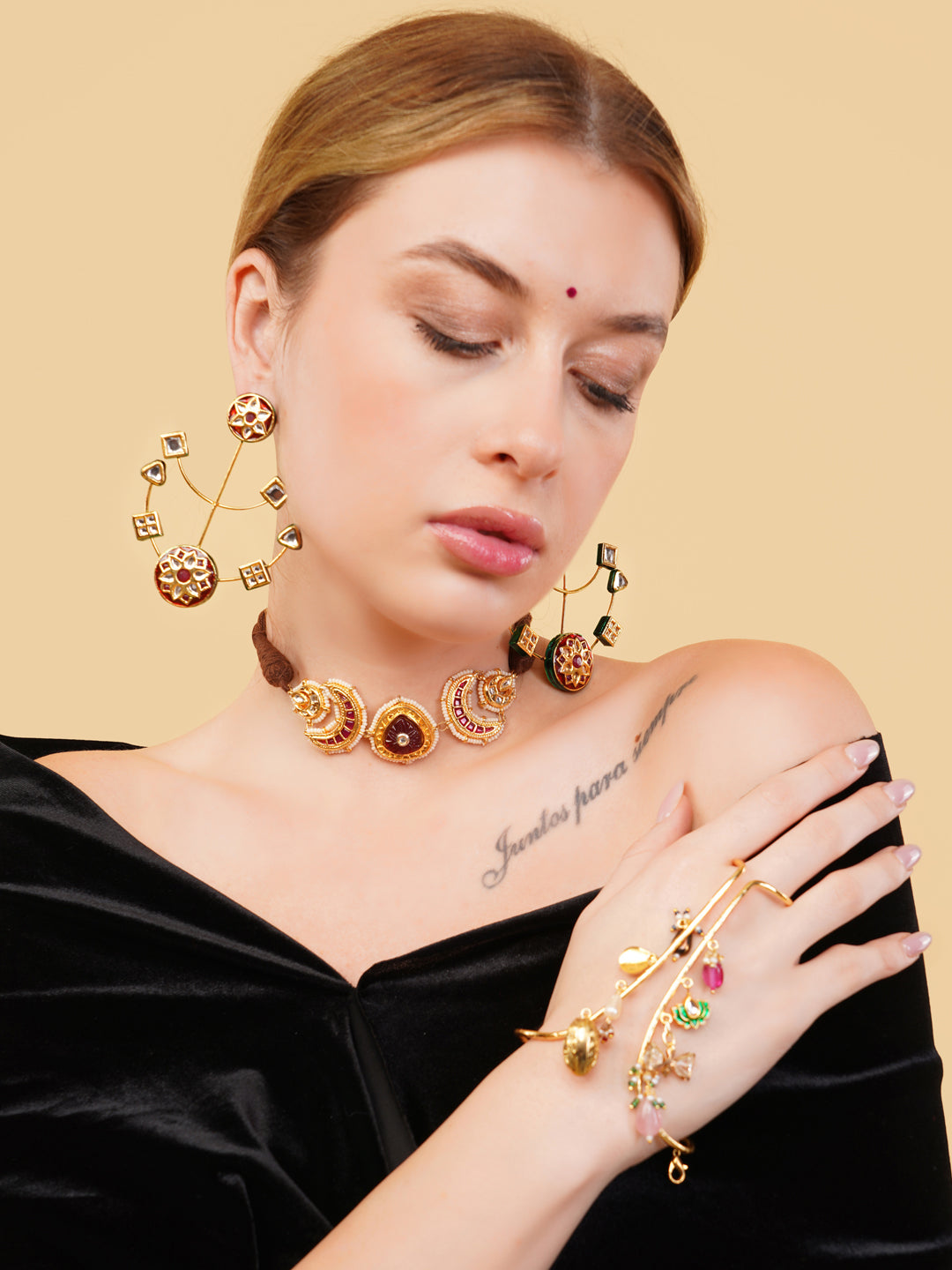 AIVY LUXE heritage style drop earrings worn by woman with matching necklace and bracelet
