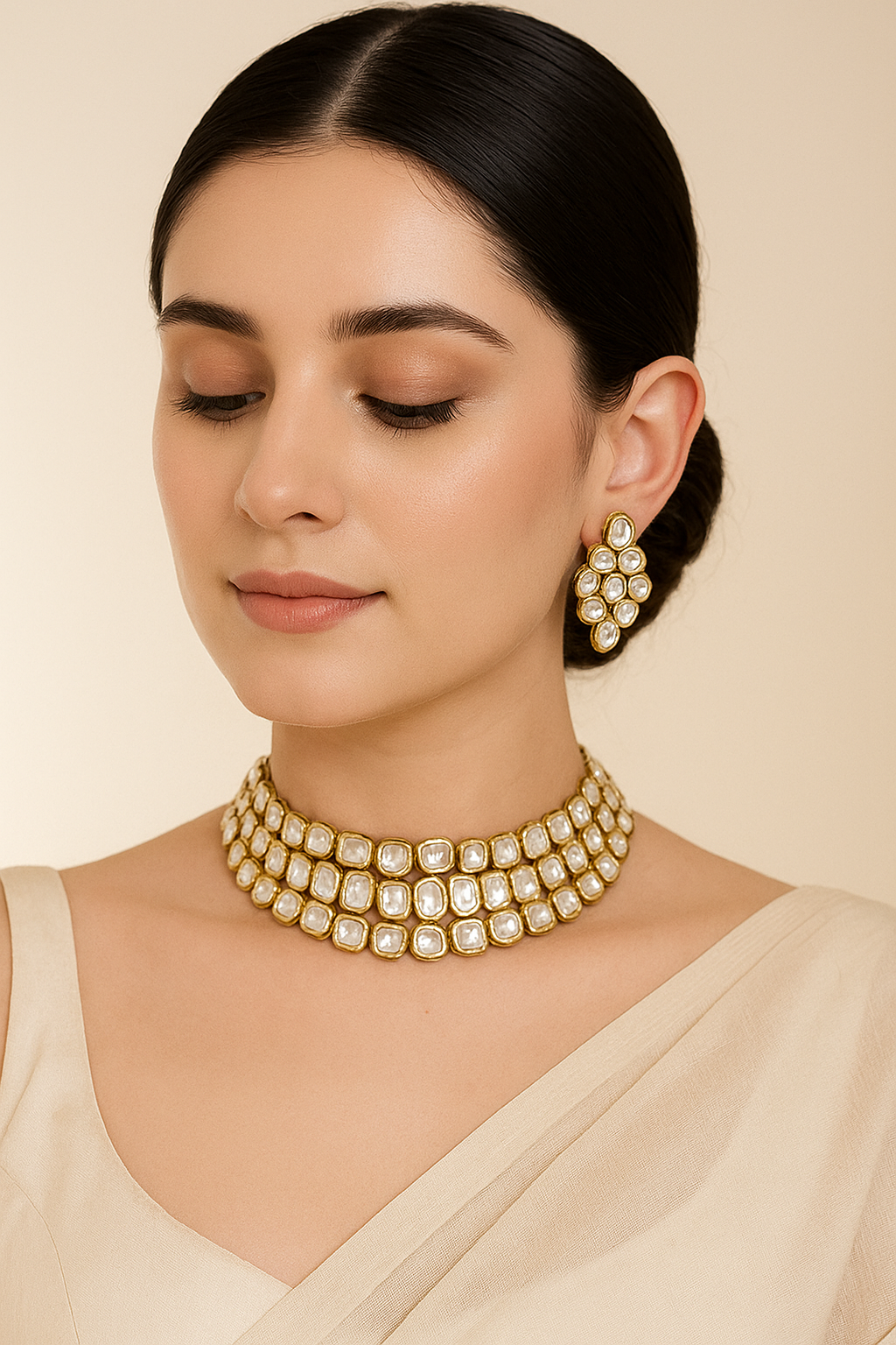 AIVY LUXE indian designer bridal jewelry set featuring a gold and white stone choker necklace and matching earrings
