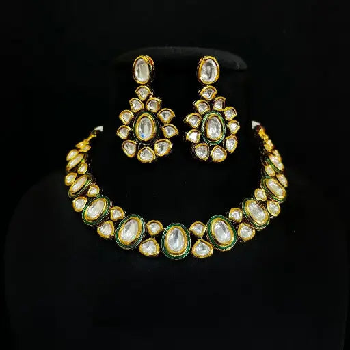 AIVY LUXE kundan necklace set with intricate white and green stones paired with matching earrings
