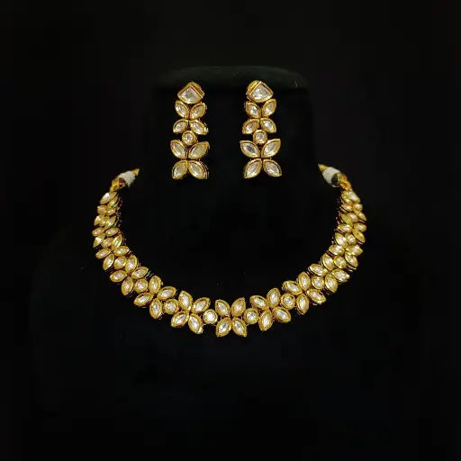 AIVY LUXE Kundan necklace set with gold and white stone floral design necklace and matching earrings