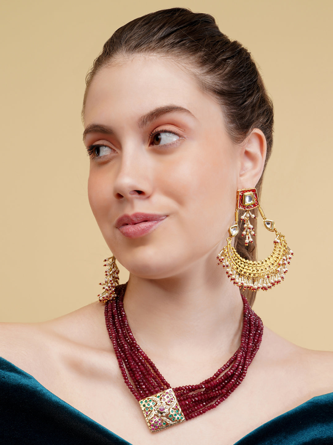 AIVY LUXE luxury beaded jewelry burgundy multi-strand necklace with ornate clasp on woman