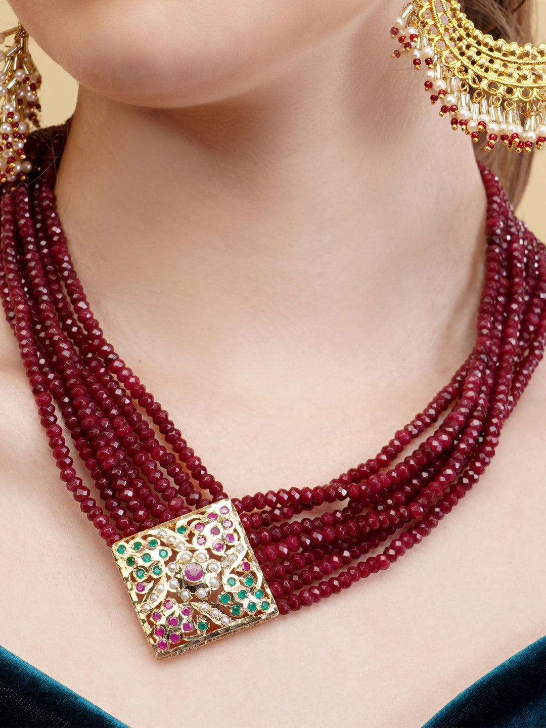 AIVY LUXE luxury beaded jewelry red multi-strand necklace with an ornate gold and gemstone clasp