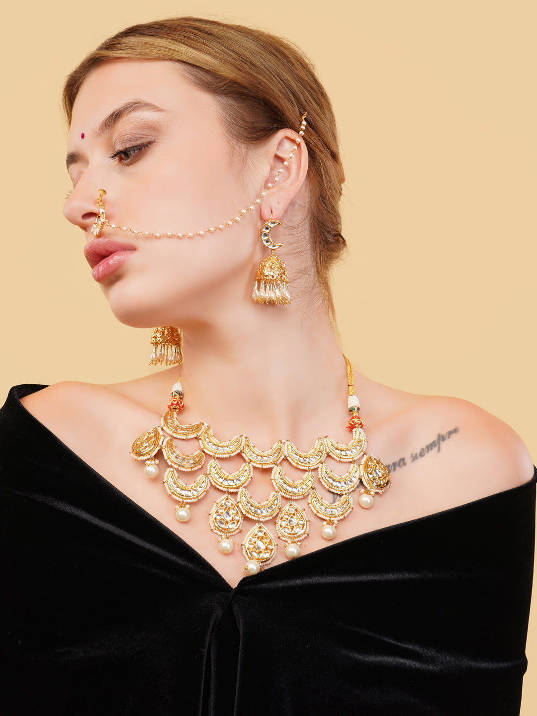 AIVY LUXE luxury Indian necklace set for brides featuring intricate gold design with earrings and nose chain