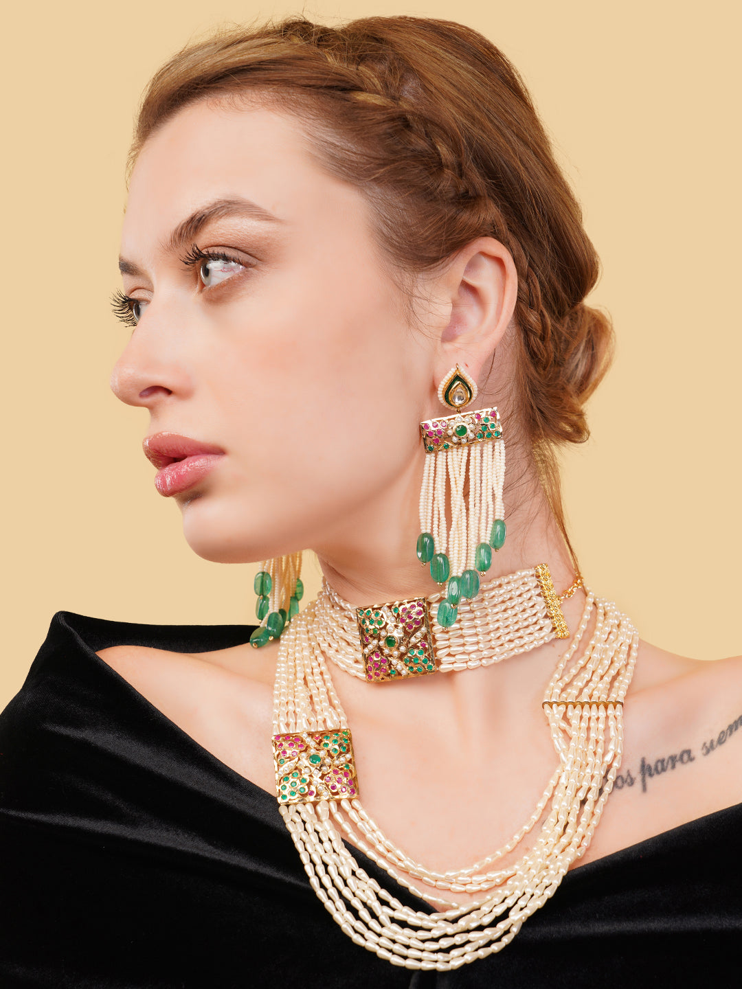 Luxury Indian necklace with pearls featuring intricate gold and green stone design by AIVY LUXE