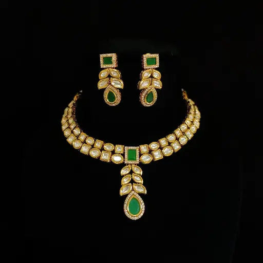 AIVY LUXE luxury Indian style necklace and matching earrings set with gold and green stones