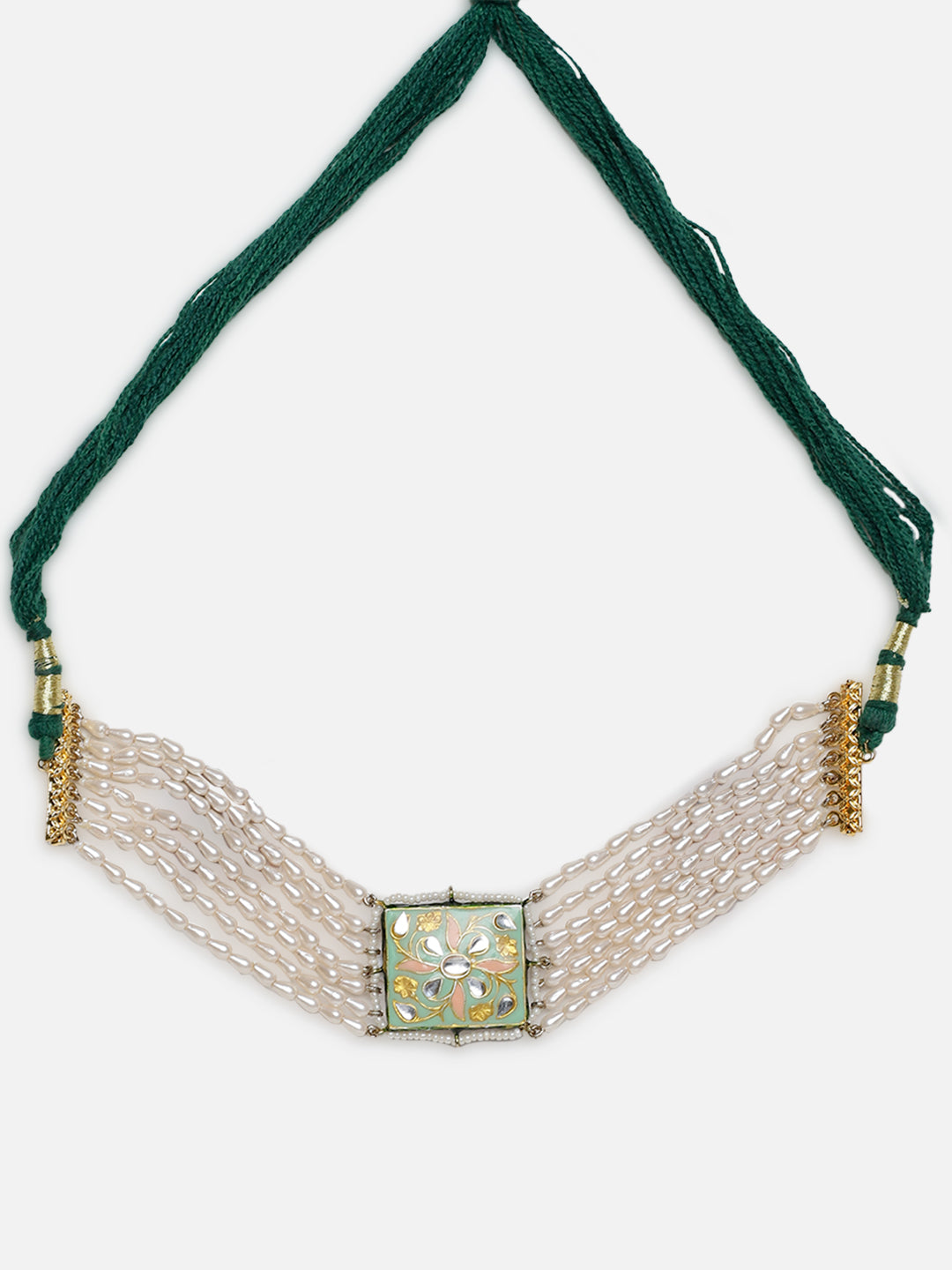 AIVY LUXE pearl choker necklace with multiple strands of pearls and an ornate square centerpiece with floral design