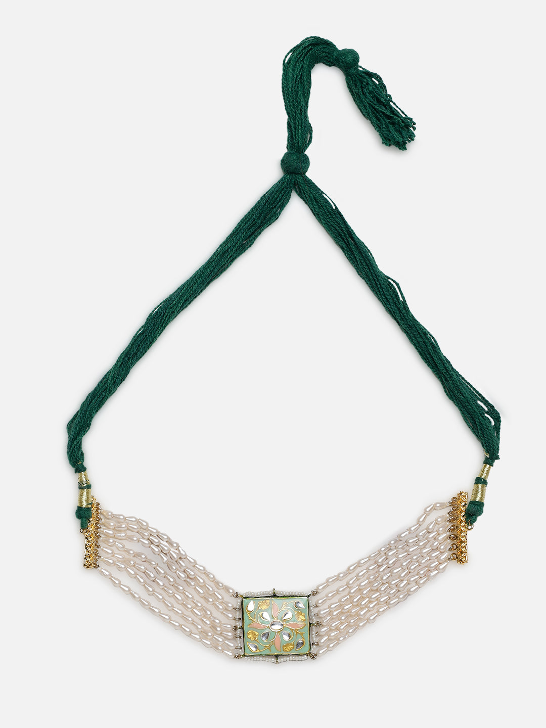 AIVY LUXE pearl choker necklace with green woven cord and decorative square centerpiece