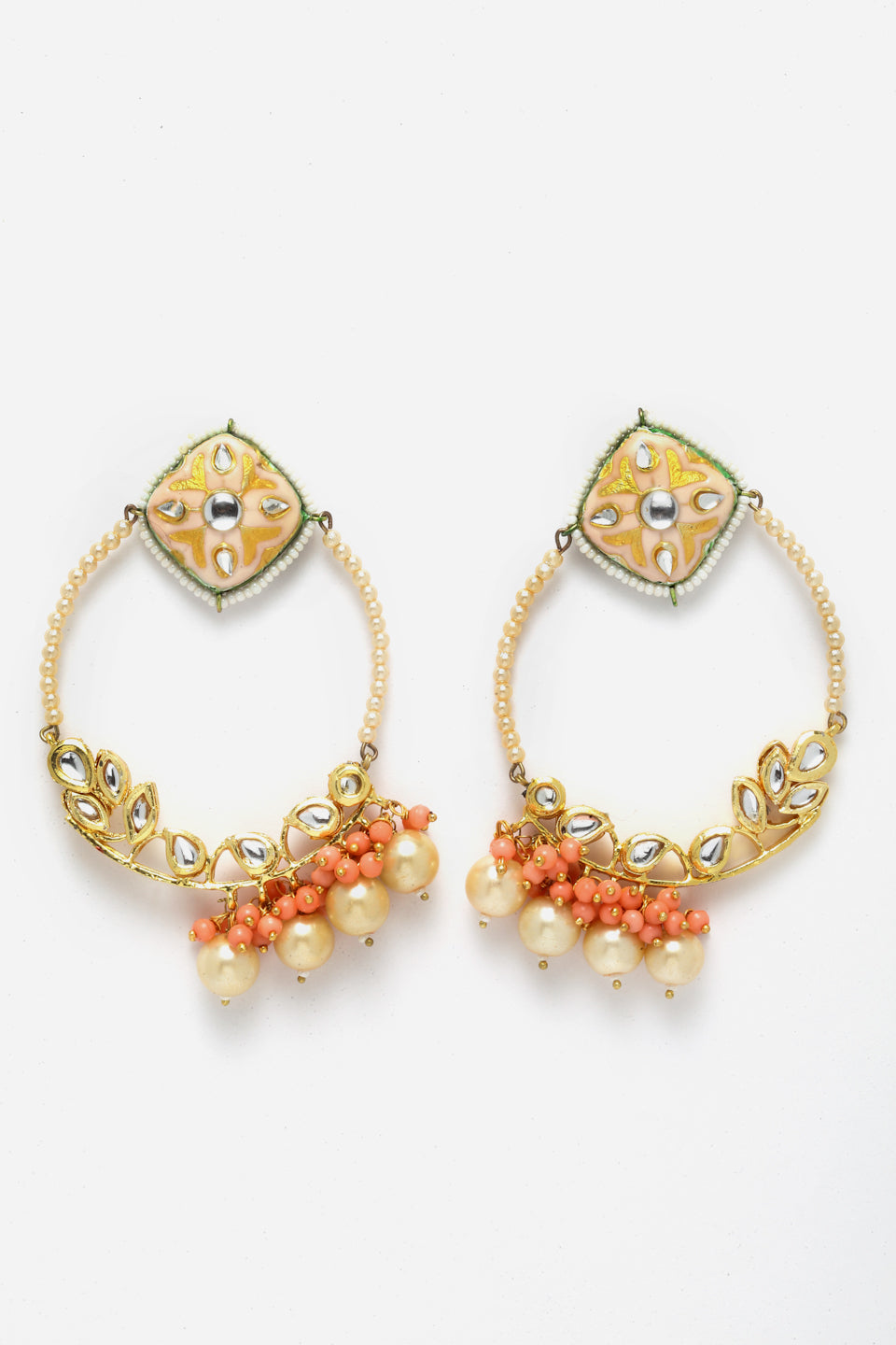 AIVY LUXE pearl embellished hoop earrings with coral beads and gold leaf accents