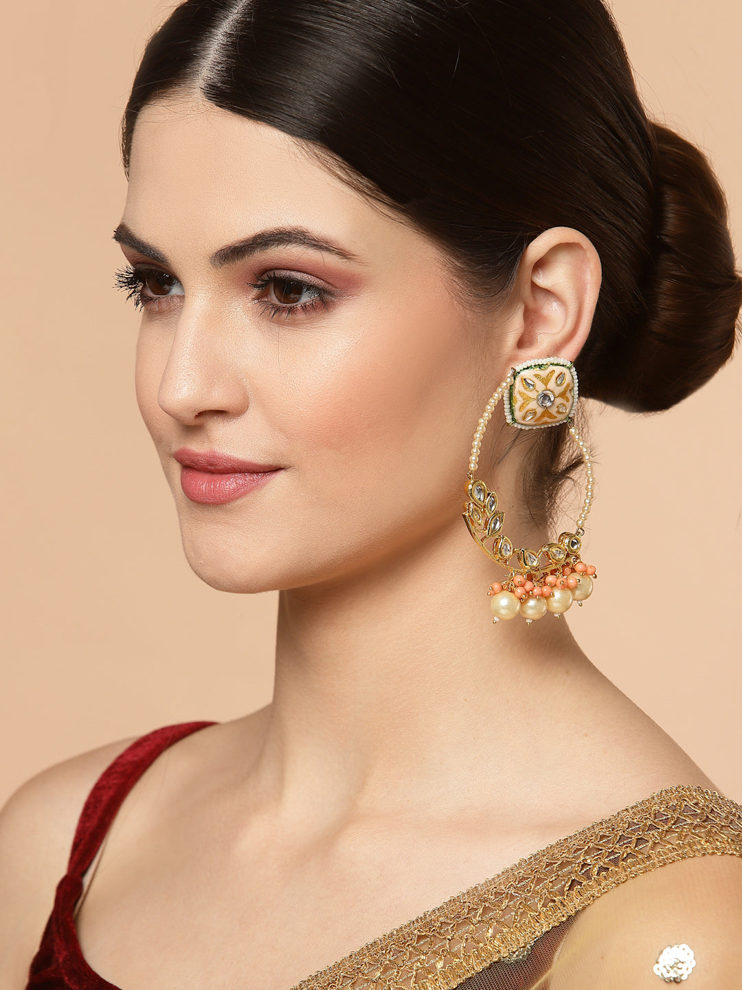AIVY LUXE pearl embellished hoop earrings worn by model with traditional attire and elegant makeup