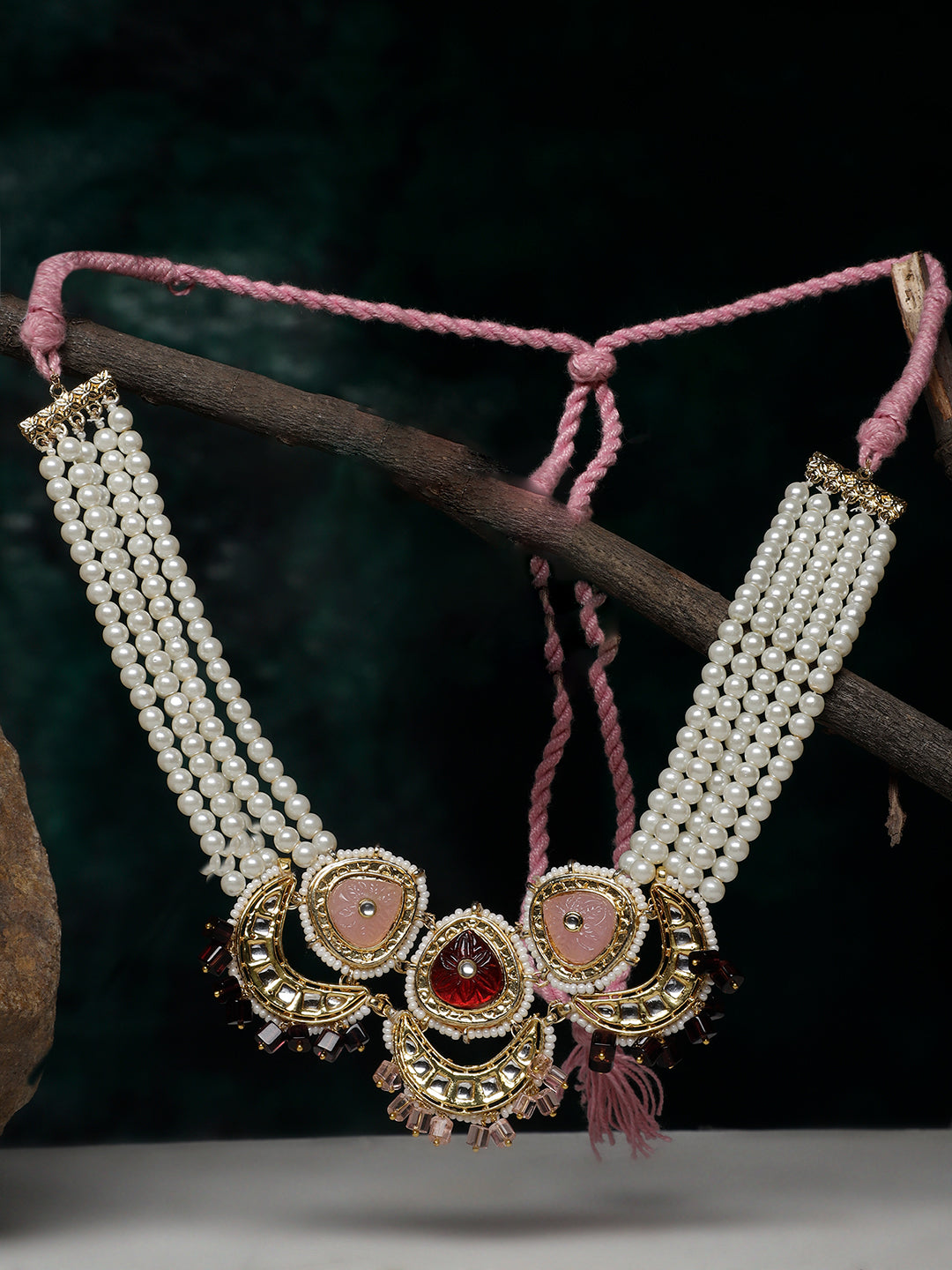AIVY LUXE necklace featuring pink stone statement jewelry with pearl strands and intricate gold detailing