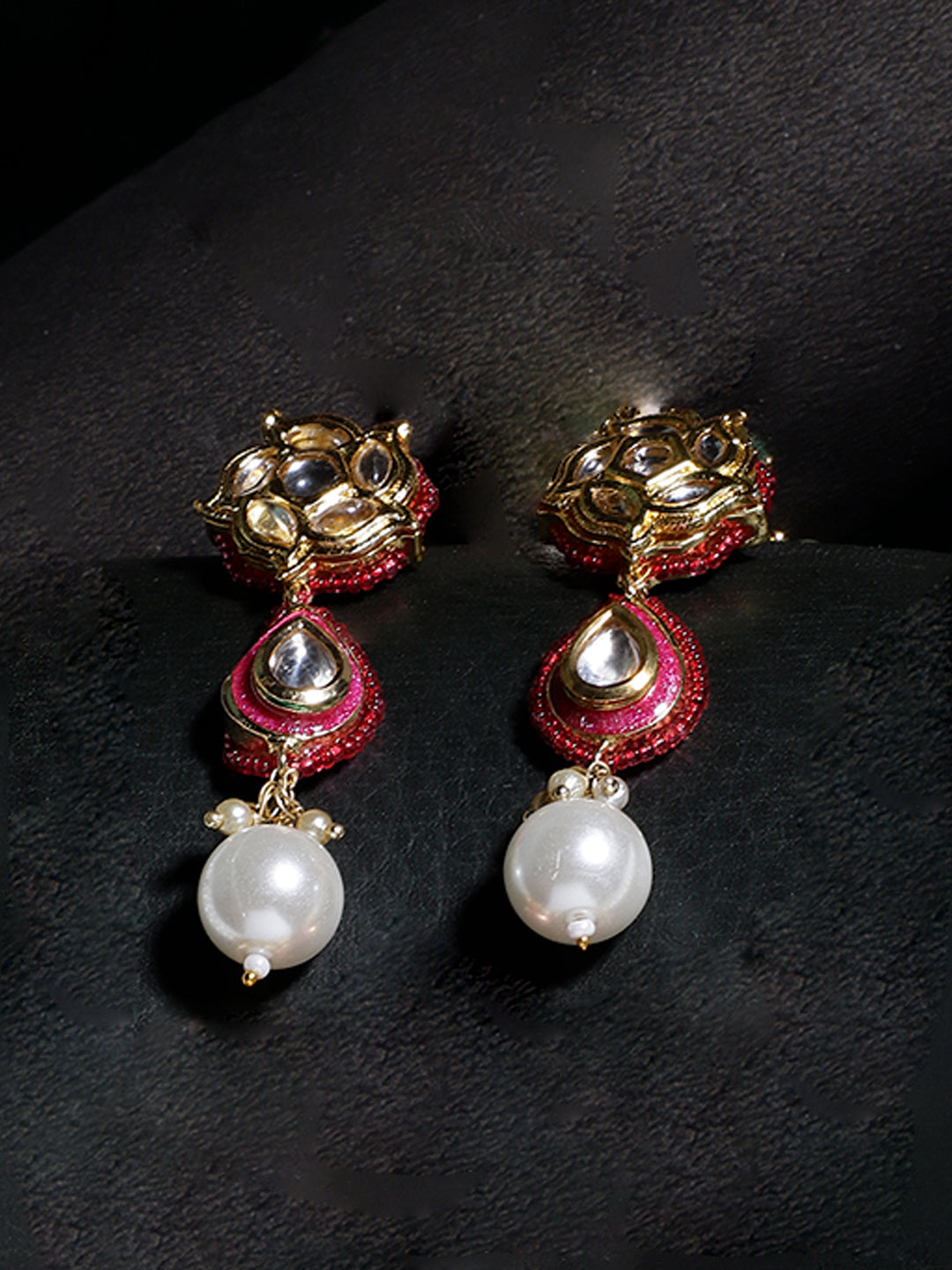AIVY LUXE Rang-e-Gul artisan pearl earrings featuring gold-tone design with red accents and white pearls
