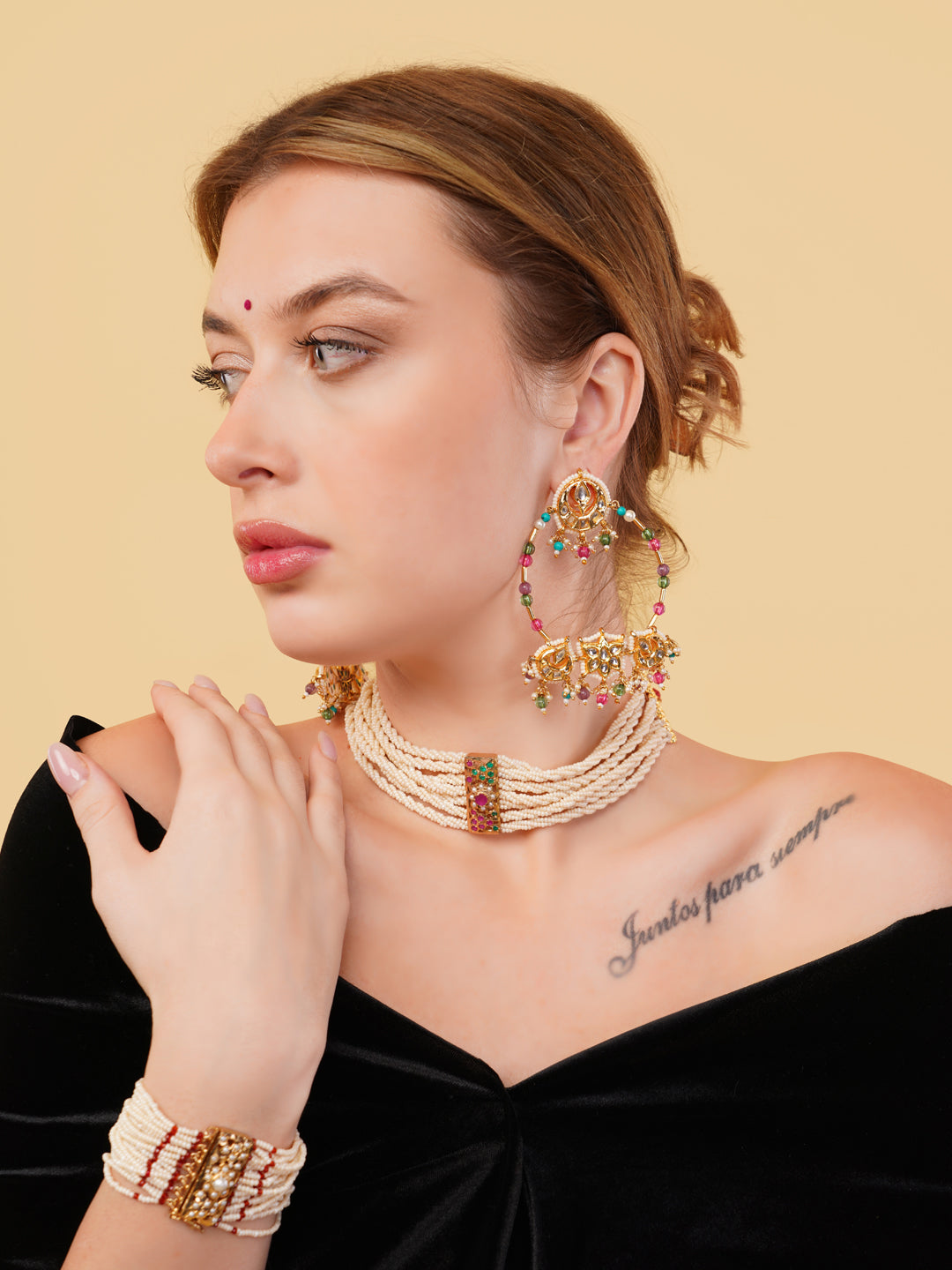 AIVY LUXE Rang-e-Gul designer earrings worn by a woman with matching pearl choker and bracelet