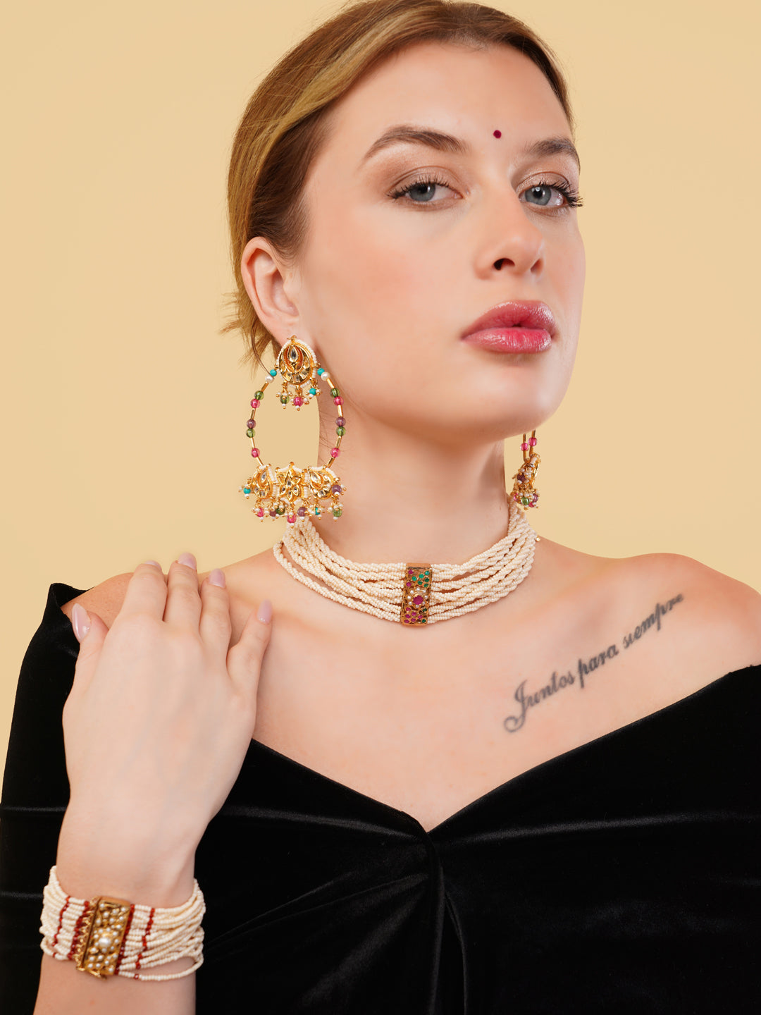 AIVY LUXE Rang-e-Gul designer earrings worn by model with elegant black dress and matching jewelry set